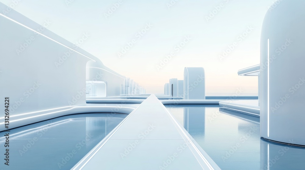 Fototapeta premium A minimalist futuristic city with sleek white architecture and floating platforms