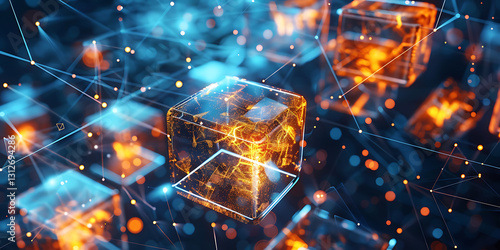 Glowing Orange Cubes Connected by Luminous Lines on a Blue Tech Background
