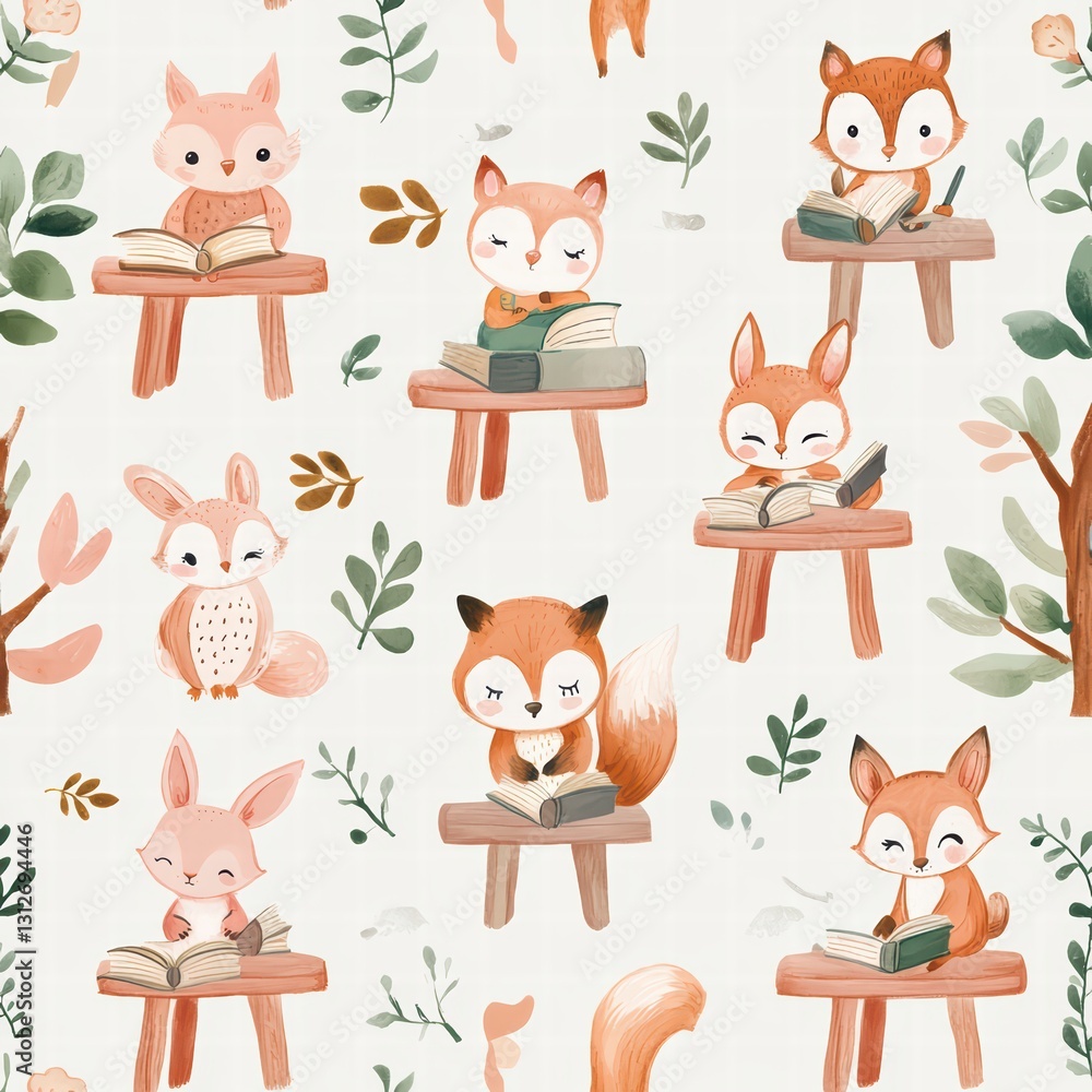 Naklejka premium Whimsical Woodland Readers: An adorable repeating pattern showcasing charming foxes and rabbits engrossed in reading books, set amidst a backdrop of whimsical trees and foliage.