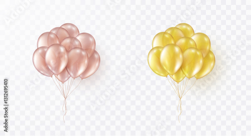 Balloon bunch set isolated on transparent background. Vector realistic gold and golden rose festive 3d helium ballons template for anniversary, birthday party design