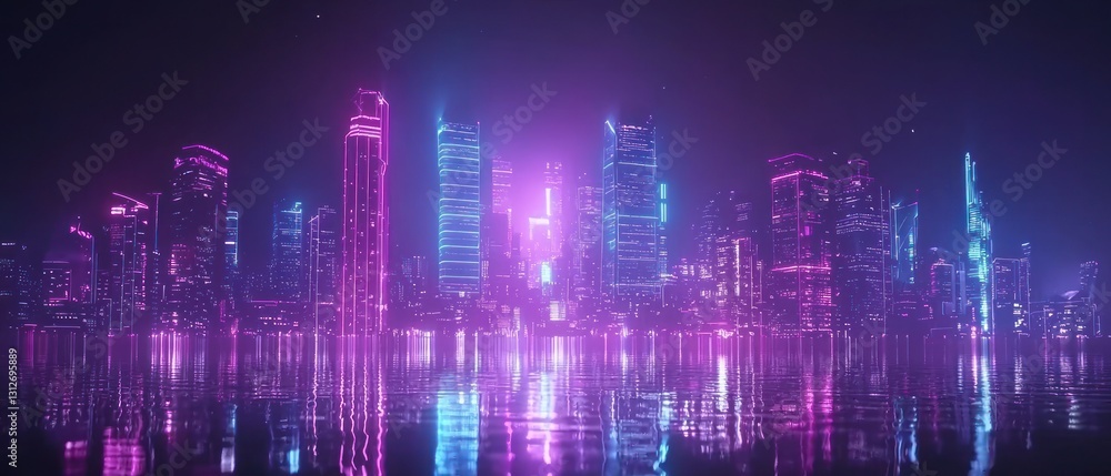 Neon Cityscape at Night: Futuristic Metropolis Reflecting in Calm Waters Neon Cityscape at Night: Futuristic Metropolis Reflecting in Calm Waters