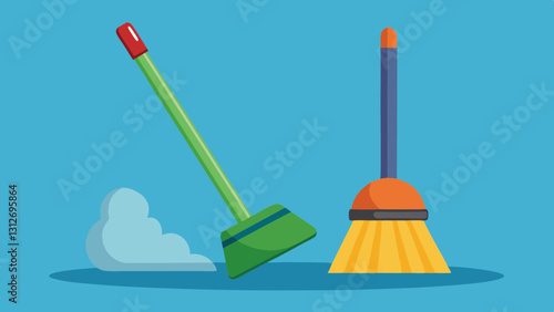 Broom and dustpan cleaning against blue background