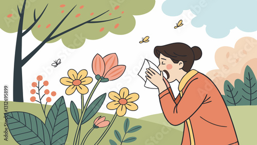 Woman sneezing in flower garden