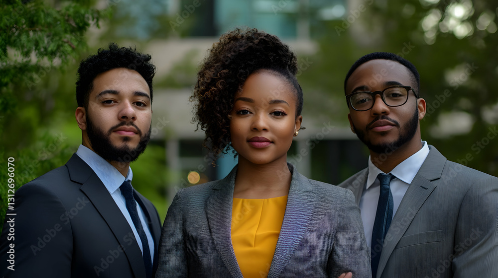 A team of young professionals standing confidently in an outdoor corporate setting. A team of young professionals standing confidently in an outdoor corporate setting.