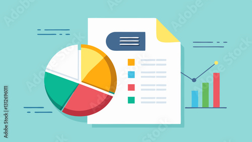 Pie chart and document with graphs on teal background