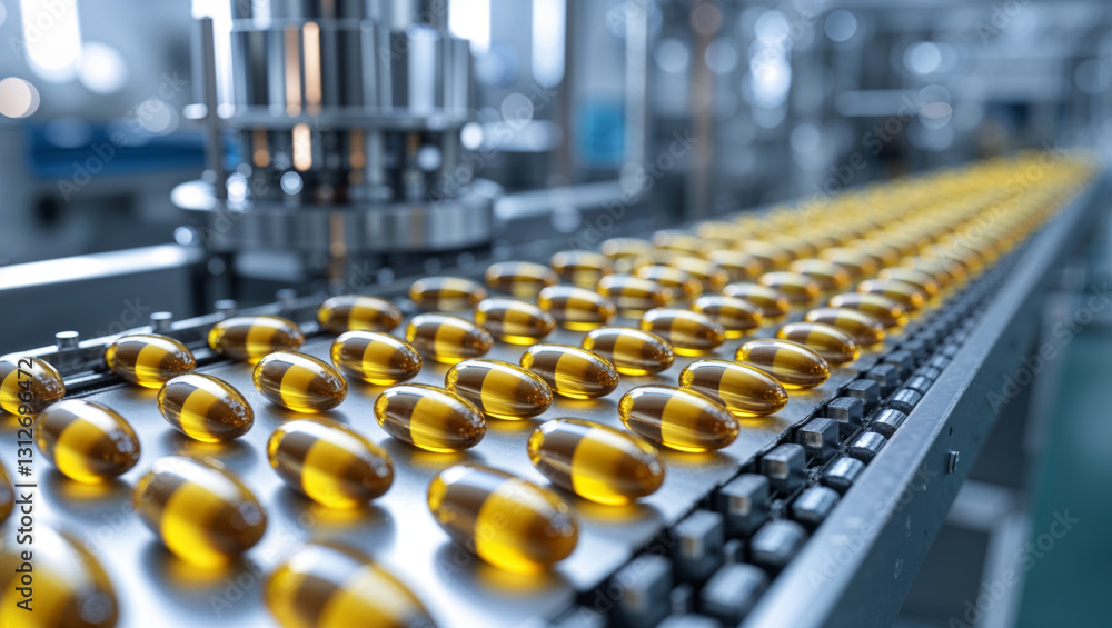 Fototapeta premium Pharmaceutical capsules move along a conveyor belt in a high-tech factory, ready for packaging and distribution.
