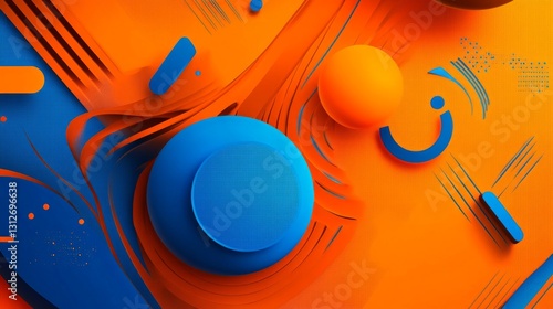 vivid orange and blue abstract design with fluid patterns and floating geometric shapes, dynamic and futuristic, artistic and playful composition