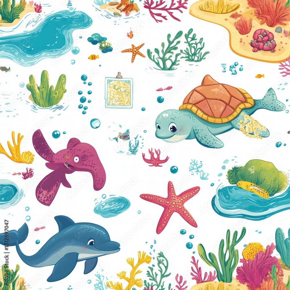 Fototapeta premium Underwater Wonderland Illustration: Charming marine creatures, from playful dolphins to serene turtles, swim amidst colorful coral reefs and seaweed.