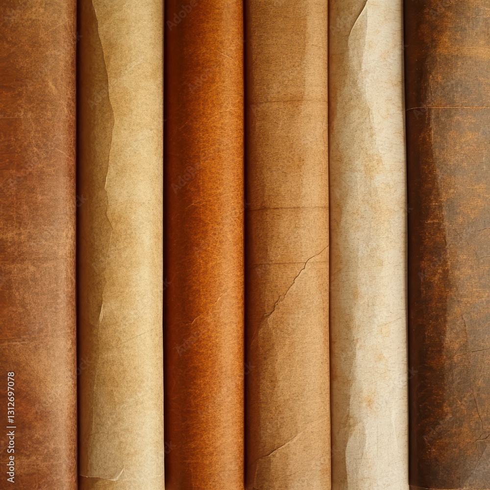 Artisan Paper Rolls: An overhead shot showcases a collection of textured artisan paper rolls arranged in a symmetrical and close-up view. Each roll features a unique hue. Artisan Paper Rolls: An overhead shot showcases a collection of textured artisan paper rolls arranged in a symmetrical and close-up view. Each roll features a unique hue.