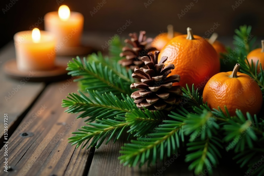Pinecone and orange wreath on a wooden table with a warm candle light, wood, natural elements, winter wreath Pinecone and orange wreath on a wooden table with a warm candle light, wood, natural elements, winter wreath