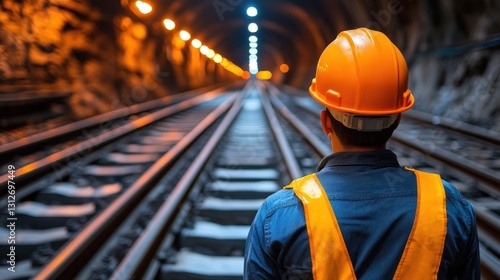 Tunnel worker on railway tracks, safety focus, night time, background for engineering