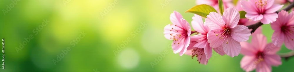 Pink cherry blossoms against a soft light green garden background, pink blossoms, nature, landscape Pink cherry blossoms against a soft light green garden background, pink blossoms, nature, landscape