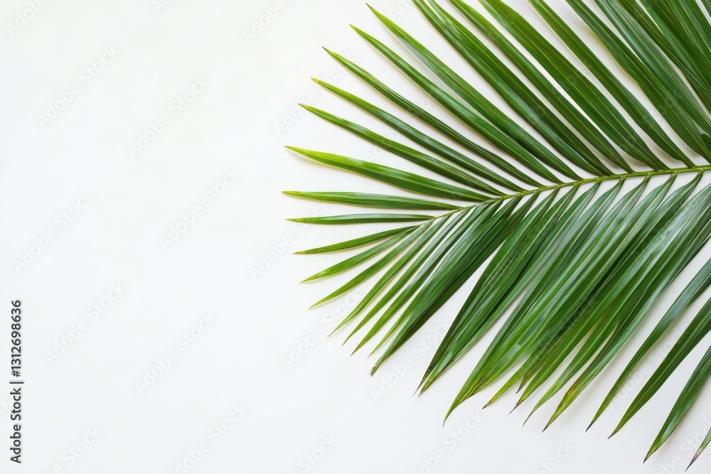 Fototapeta premium Tropical palm leaf resting on a white background for vacation vibes