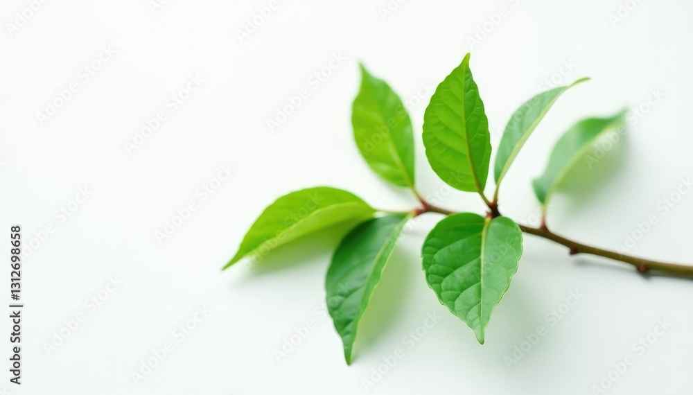 Single branch on white background with subtle leaf veins, simple, clean Single branch on white background with subtle leaf veins, simple, clean
