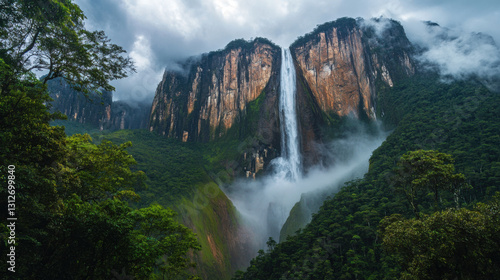 Waterfall flowing down high rocky cliff. Green trees below with low clouds. Mountain stream falls into forest. Dramatic landscape scene.