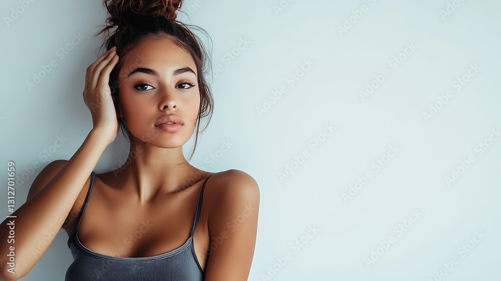 Stylish young woman, light-skinned, with a sophisticated hairstyle and confident gaze Stylish young woman, light-skinned, with a sophisticated hairstyle and confident gaze