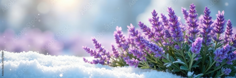 Fototapeta premium Sprays of lavender blooms isolated against snow, foliage, garden