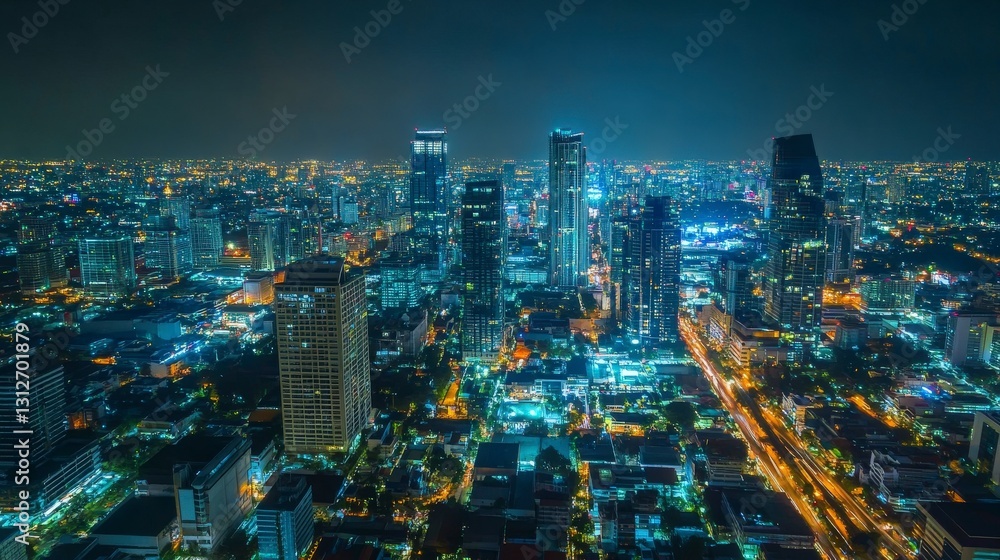 Nighttime skyline with shining skyscrapers and streets Nighttime skyline with shining skyscrapers and streets