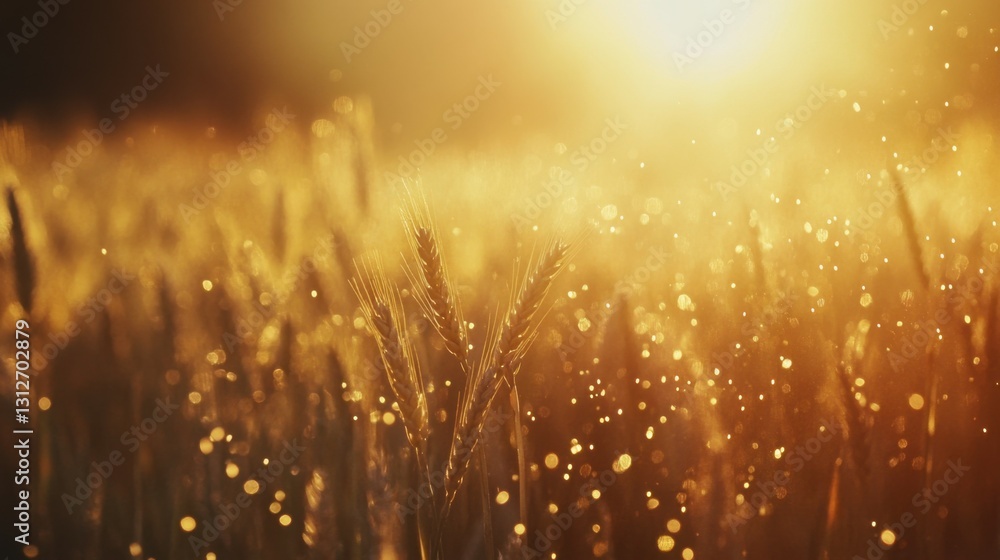 Sun rays shining through a field of golden wheat at sunrise