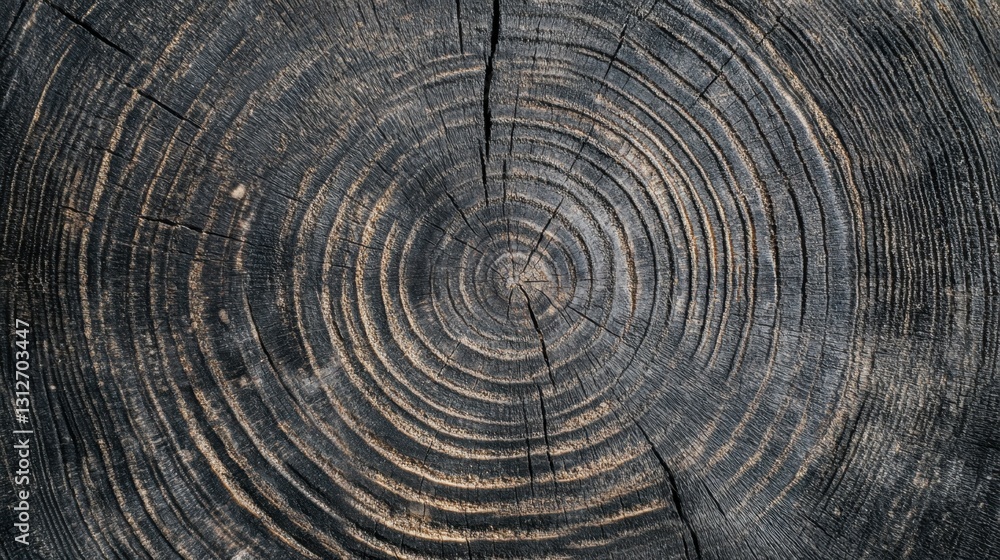 Fototapeta premium Warm gray cut wood texture. Detailed black and white texture of a felled tree trunk or stump. Rough organic tree rings with close up of end grain.