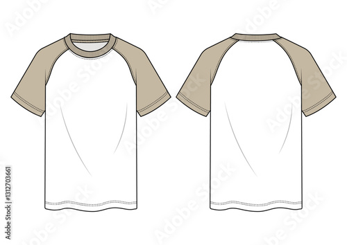 Men's t-shirt crew neck plain t-shirt front and back view flat sketch vector illustration template. cad mockup.