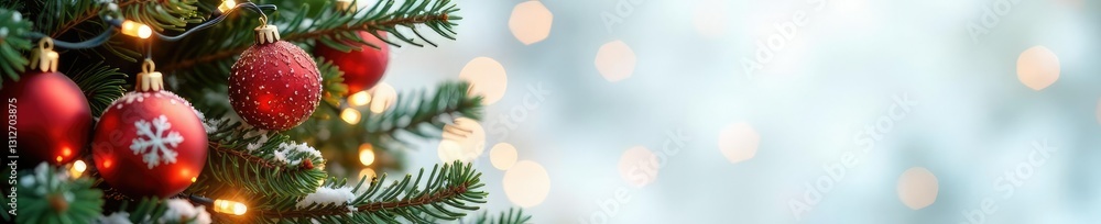 Twinkling string lights woven among fir branches and glass ornaments against a snowy white background, twinkling, sparkly, Christmas decoration Twinkling string lights woven among fir branches and glass ornaments against a snowy white background, twinkling, sparkly, Christmas decoration