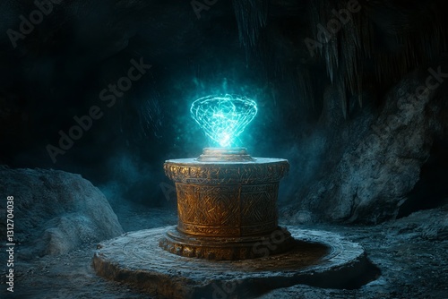 Mystical Blue Energy Crystal on Ancient Golden Altar in Dark Cave Mysterious Fantasy Magical Power Illuminated Jewel Spiritual Ancient Relic Fantasy  