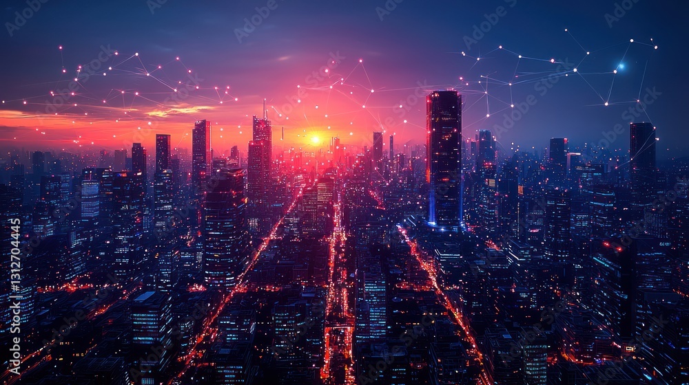 Fototapeta premium Sunset cityscape, network connections, urban development, futuristic technology, aerial view