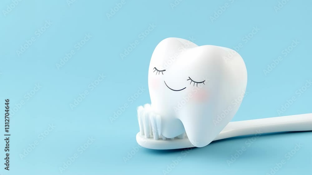 Cute tooth character resting beside a soft toothbrush with a light blue background Cute tooth character resting beside a soft toothbrush with a light blue background