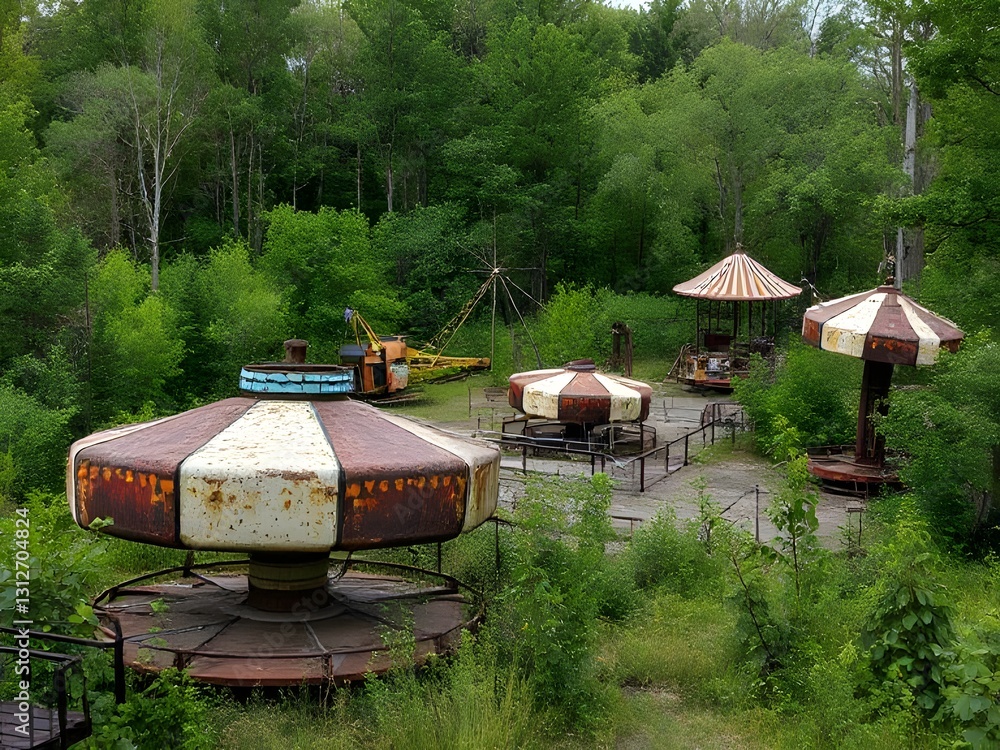 Abandoned Amusement Park, Rusty Merry-Go-Rounds, Overgrown by Nature, Decay & Urban Exploration. Abandoned Amusement Park, Rusty Merry-Go-Rounds, Overgrown by Nature, Decay & Urban Exploration.