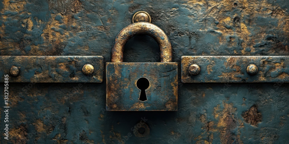 Rusty padlock secured to an ancient door with detailed texture showcasing age and wear in a dimly lit setting Rusty padlock secured to an ancient door with detailed texture showcasing age and wear in a dimly lit setting