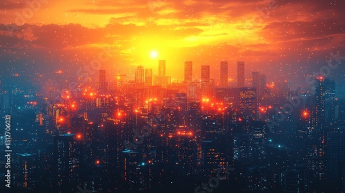 Wallpaper Mural Cyberpunk city sunset cityscape, urban lights.  Possible use Stock photo Torontodigital.ca