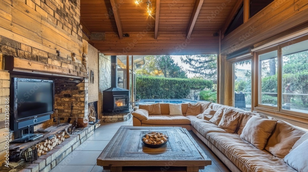 Fototapeta premium Rustic Modern Living Room with Breathtaking Garden View