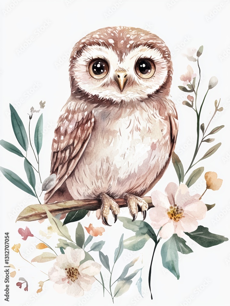 Obraz premium Adorable Watercolor Owl with Soft Floral Accents 