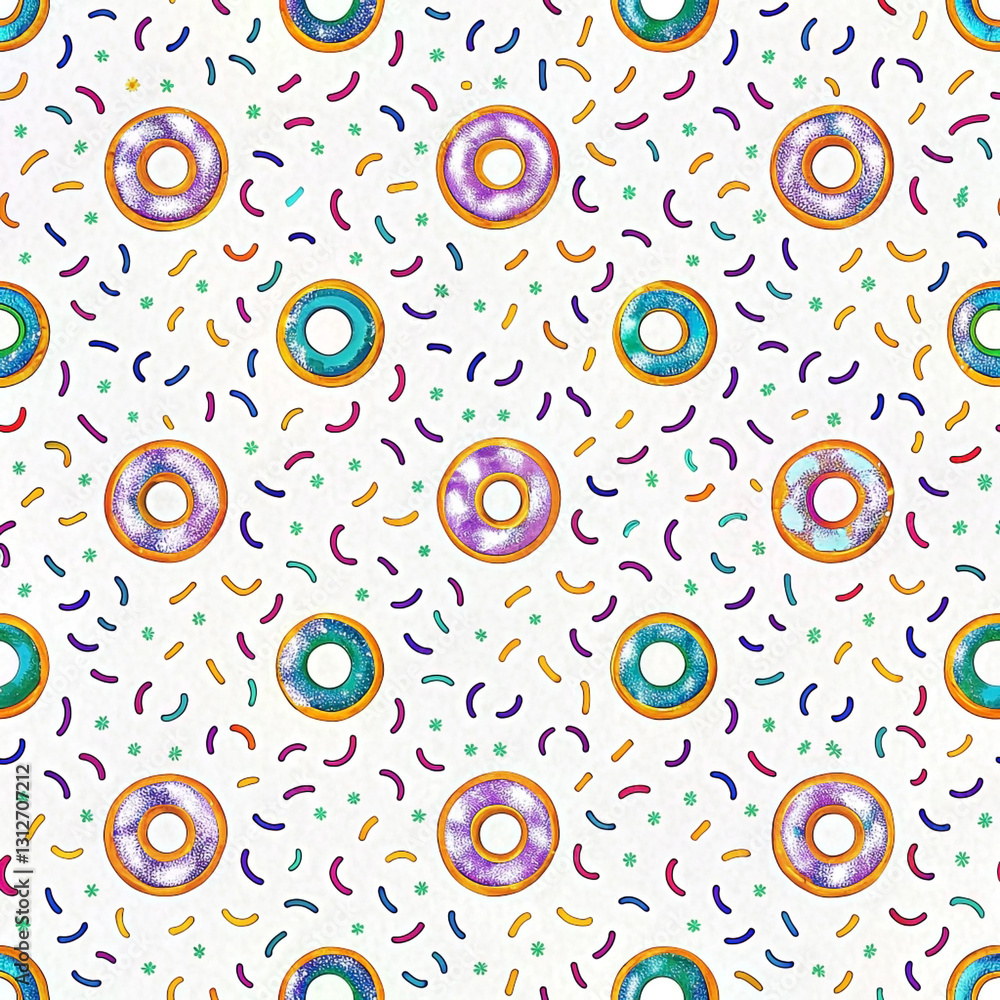 Fototapeta premium Colorful donuts and sprinkles seamless pattern.