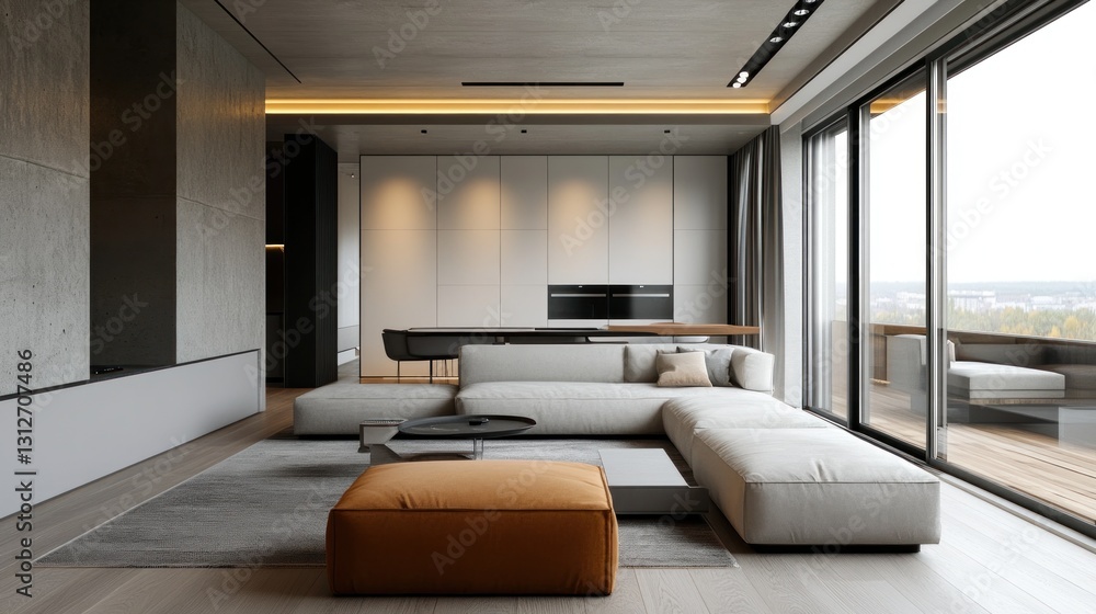 Naklejka premium Modern Minimalist Living Room Design with Panoramic Views