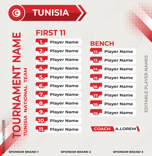 Editable Lineup Sheet with Player Names for Tunisia Team