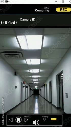 Dimly lit office corridor with fluorescent lights and camera recording interface perspective