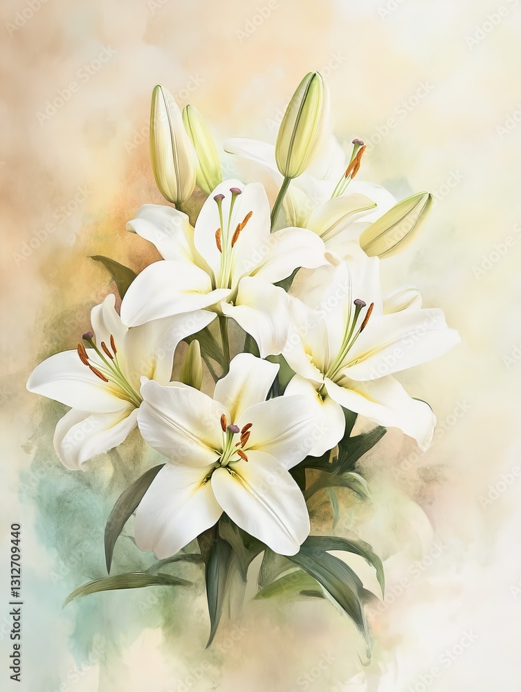 Fototapeta premium Elegant White Lilies in Soft Watercolor Style 
