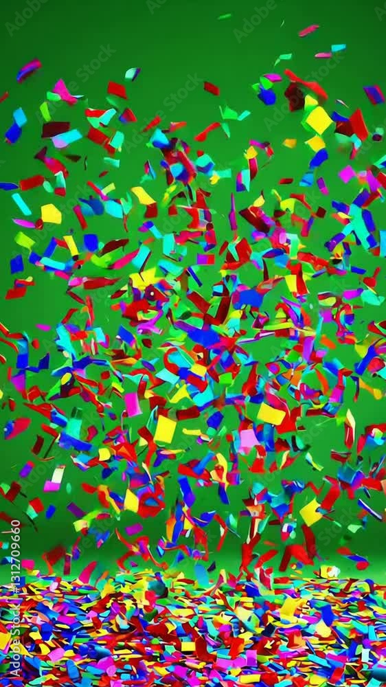 Multicolored confetti explosion from transparent sphere on vibrant green backdrop Multicolored confetti explosion from transparent sphere on vibrant green backdrop