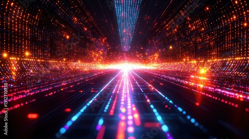Futuristic digital tunnel, vibrant light pathways, glowing network.  Possible stock photo use