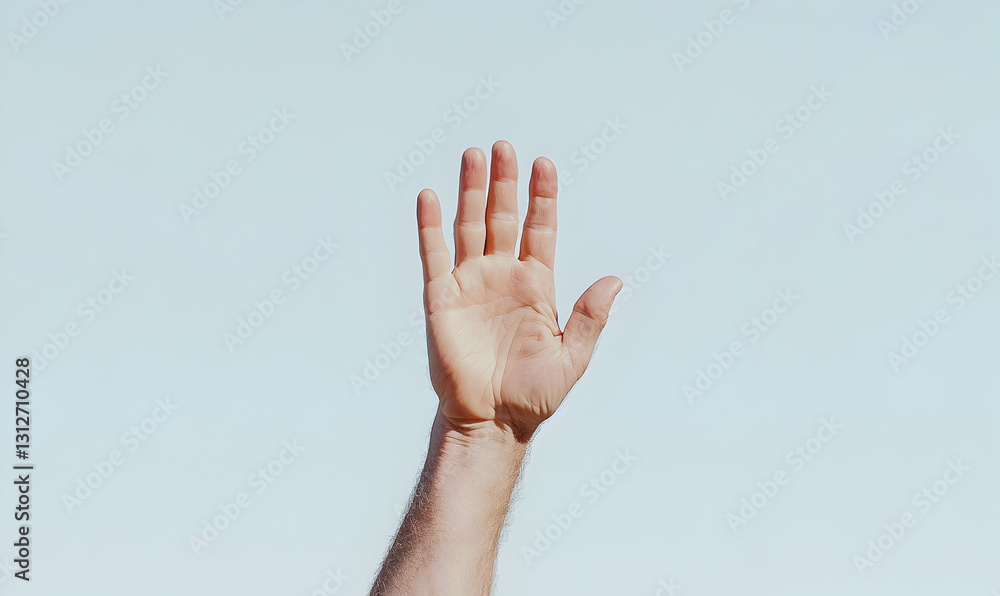 Hand Raised Against Clear Sky Background in Natural Light Hand Raised Against Clear Sky Background in Natural Light