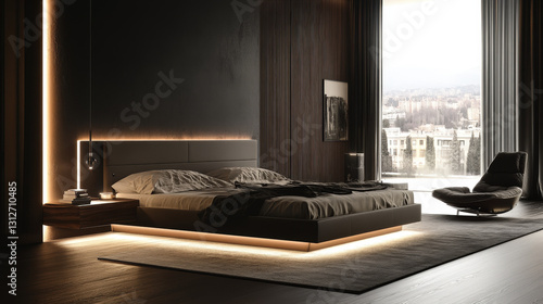 Ultra-modern bedroom with dark tones, warm LED lighting, and a futuristic minimalist design