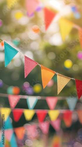 colorful festival bunting with triangular flags in bright sunshine among vibrant bokeh background copyspace concept of party planning, events, marketing