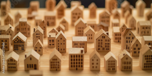 Conjunto de viviendas realizadas en madera. Concepto crisis inmobiliaria y escasez de casas