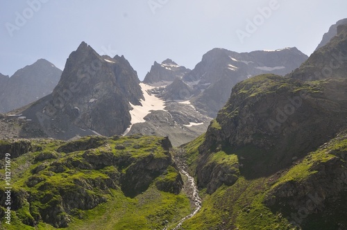 mountain landscape, tour of the Ecrins and Oisans Massif, hiking, trek, GR54, Alps, France, summer, holidays.