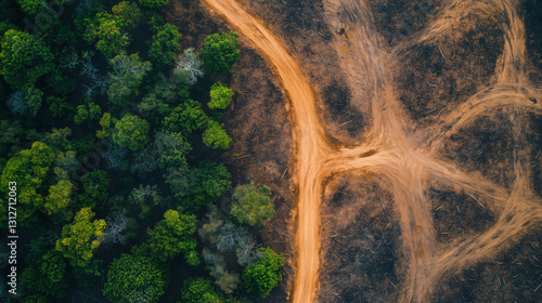 Aerial View of Deforestation’s Impact on the Amazon Rainforest – Contrasting Lush Greenery and Devastated Land