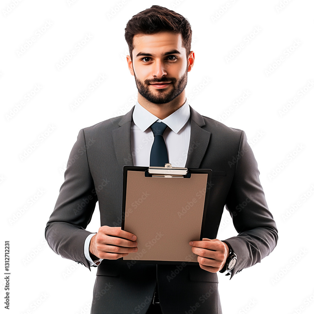 Empresario con un portapapeles sonriente y en traje en fondo transparente Empresario con un portapapeles sonriente y en traje en fondo transparente