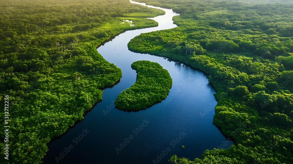 A winding river flows through dense vibrant green forests A winding river flows through dense vibrant green forests