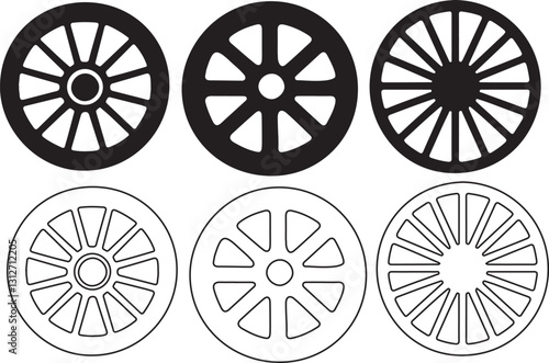 Wagon wheel silhouette icon bundle on white background
